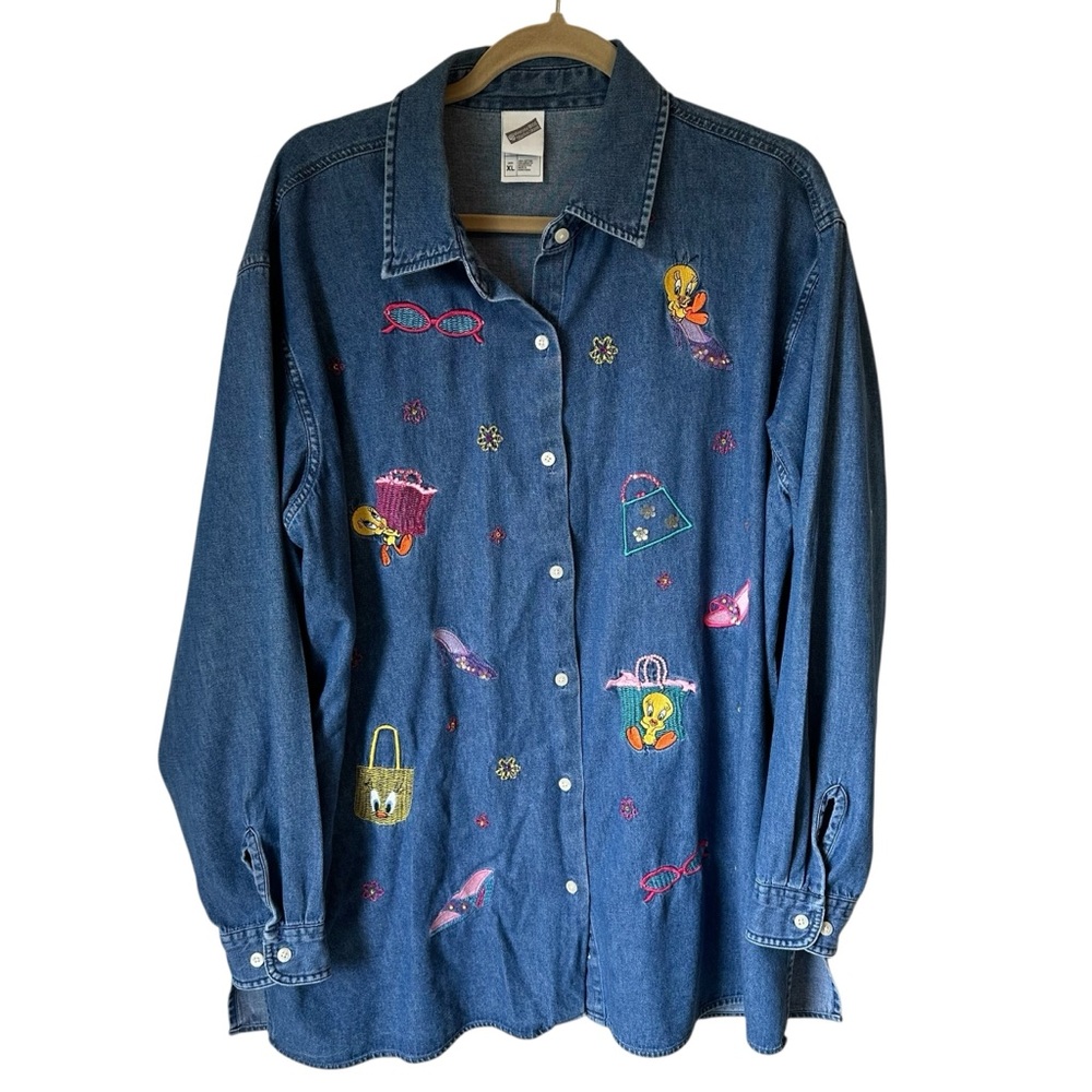 Warner Bros Studios Store Y2K Denim Embroidered Tweety Bird Long Sleeve Shirt XL